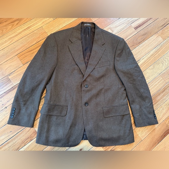 Oscar De La Renta 100% Lambswool Blazer Classic Dark Brown Chevron Men’s Sz 42S - Picture 1 of 13